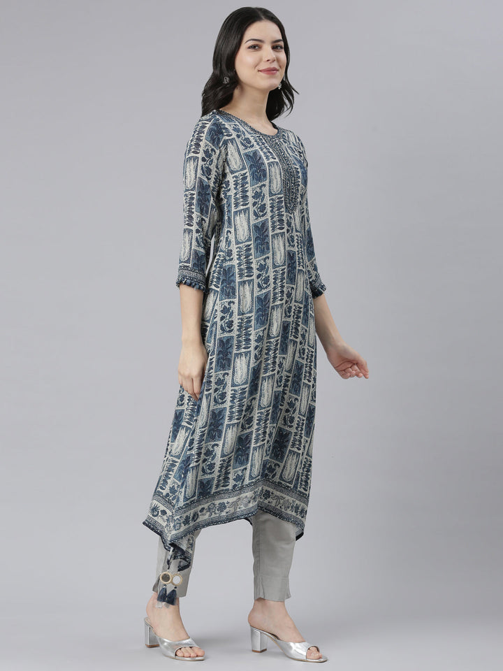 Neerus Blue printed A-Line ethnic kurti - side view