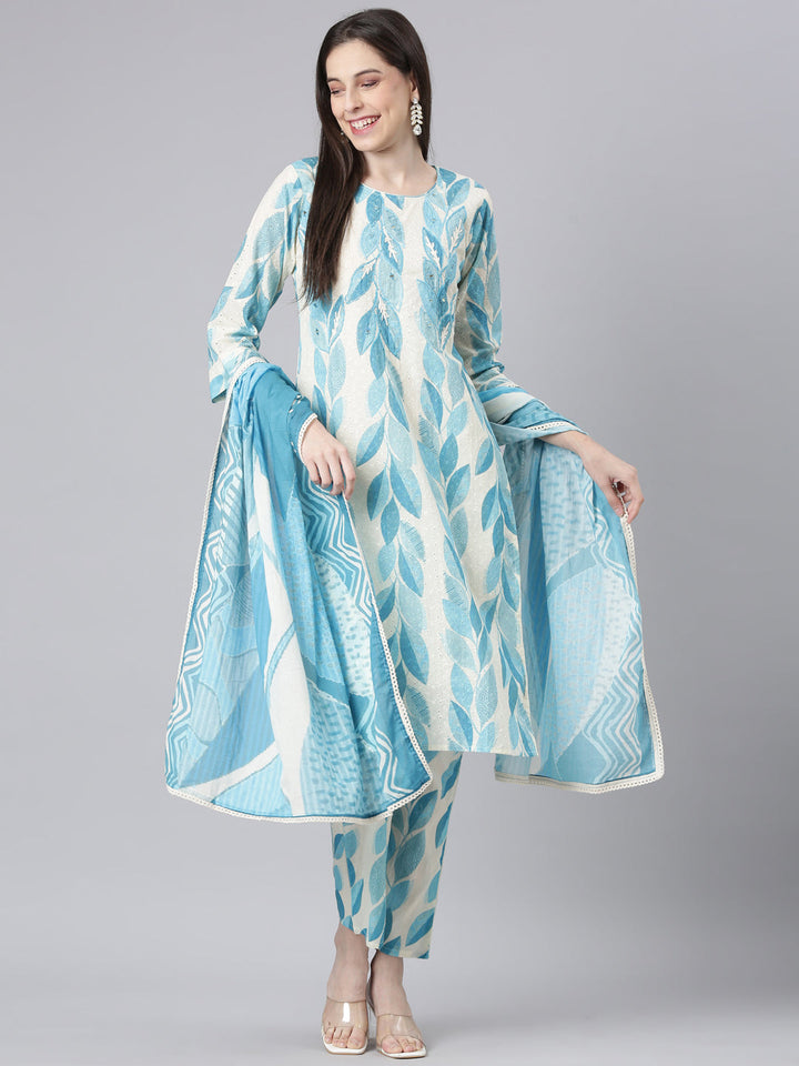 Neerus Blue Printed Straight Kurta and Trousers With Dupatta