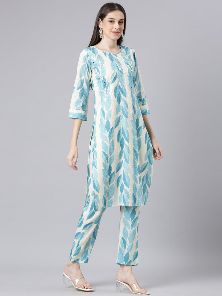 Neerus Blue Printed Straight Kurta and Trousers With Dupatta
