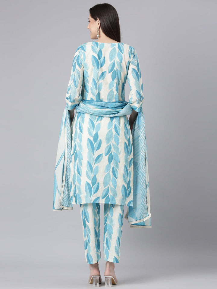 Neerus Blue Printed Straight Kurta and Trousers With Dupatta