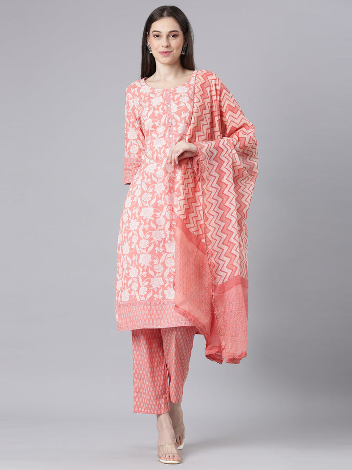 Neerus Orange Printed Straight Kurta and Trousers With Dupatta