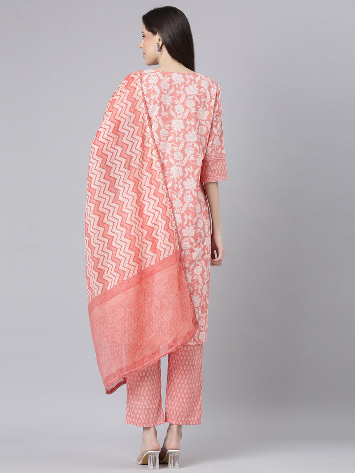 Neerus Orange Printed Straight Kurta and Trousers With Dupatta