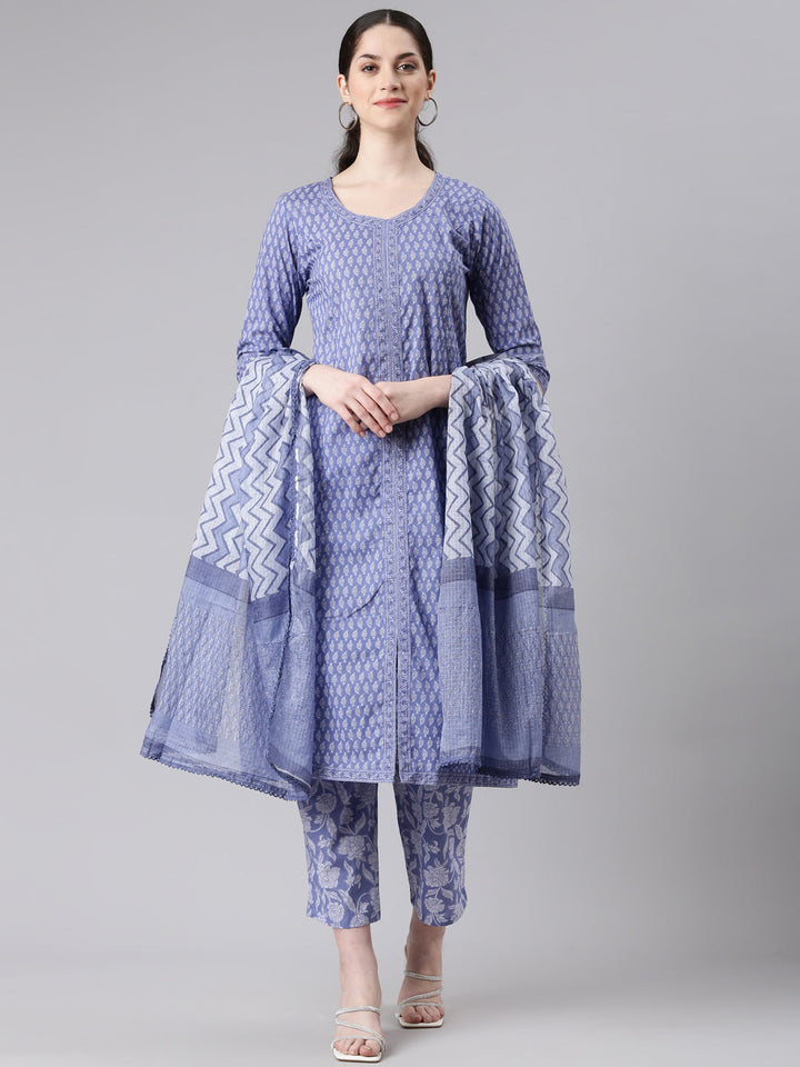 Neerus Blue cotton Anarkali suit set - front view