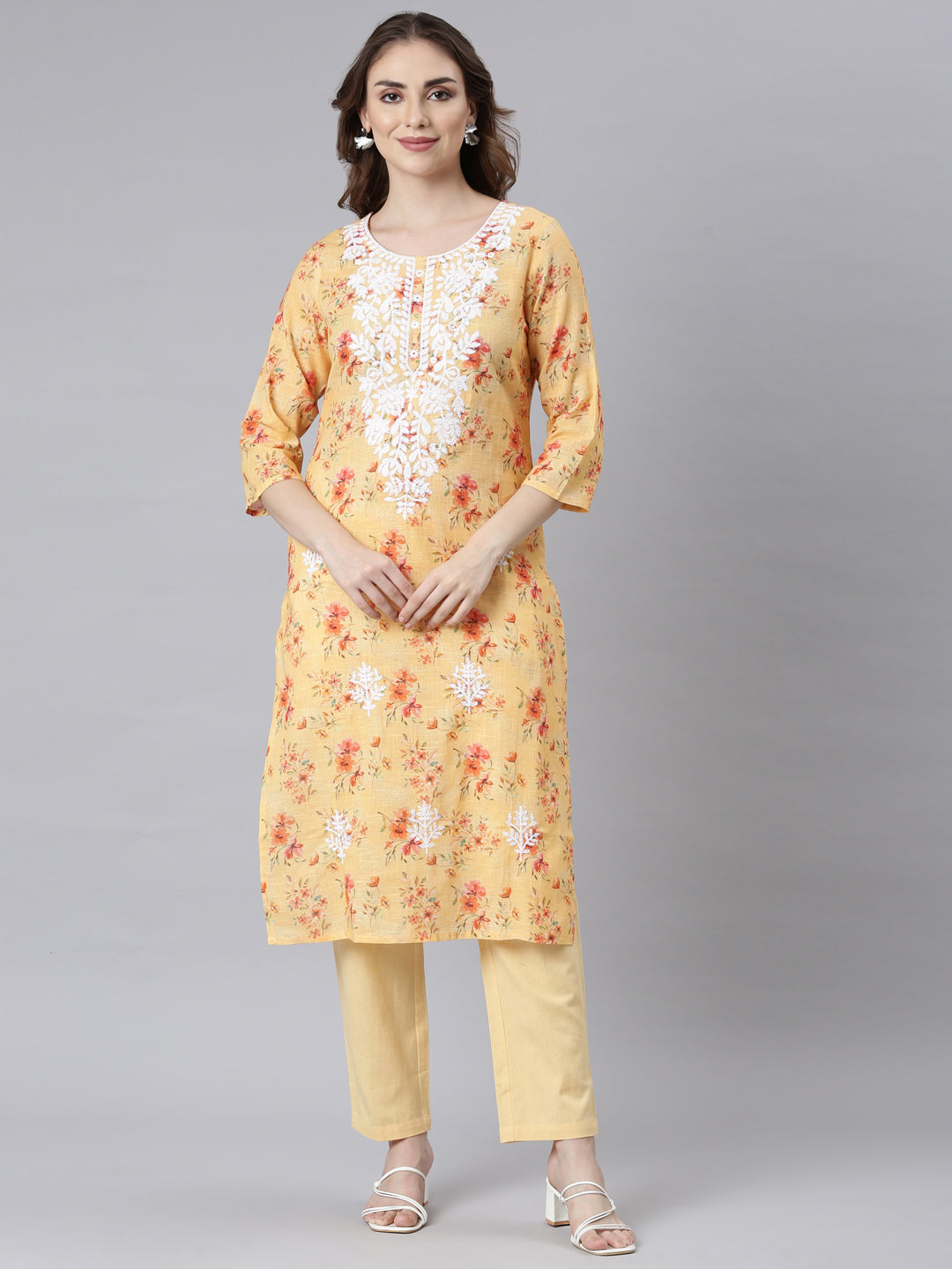 Neerus Multi slub cotton printed kurta set with trousers - front view
