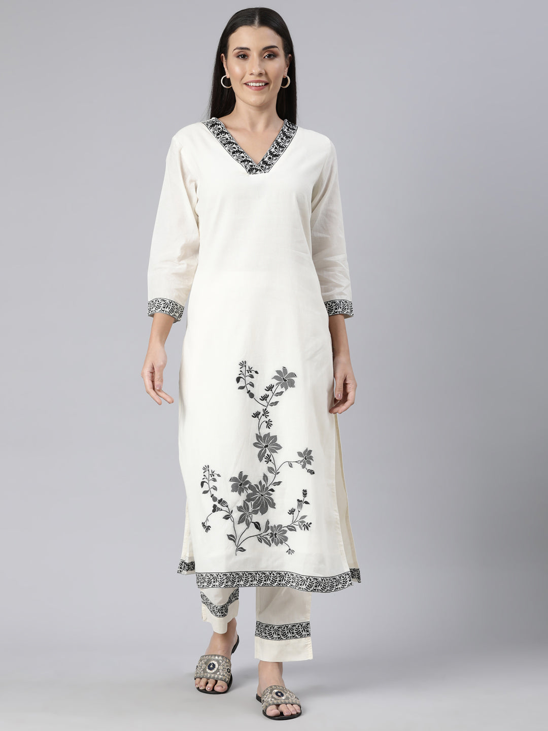 Neerus Beige Chanderi printed kurta set - front view