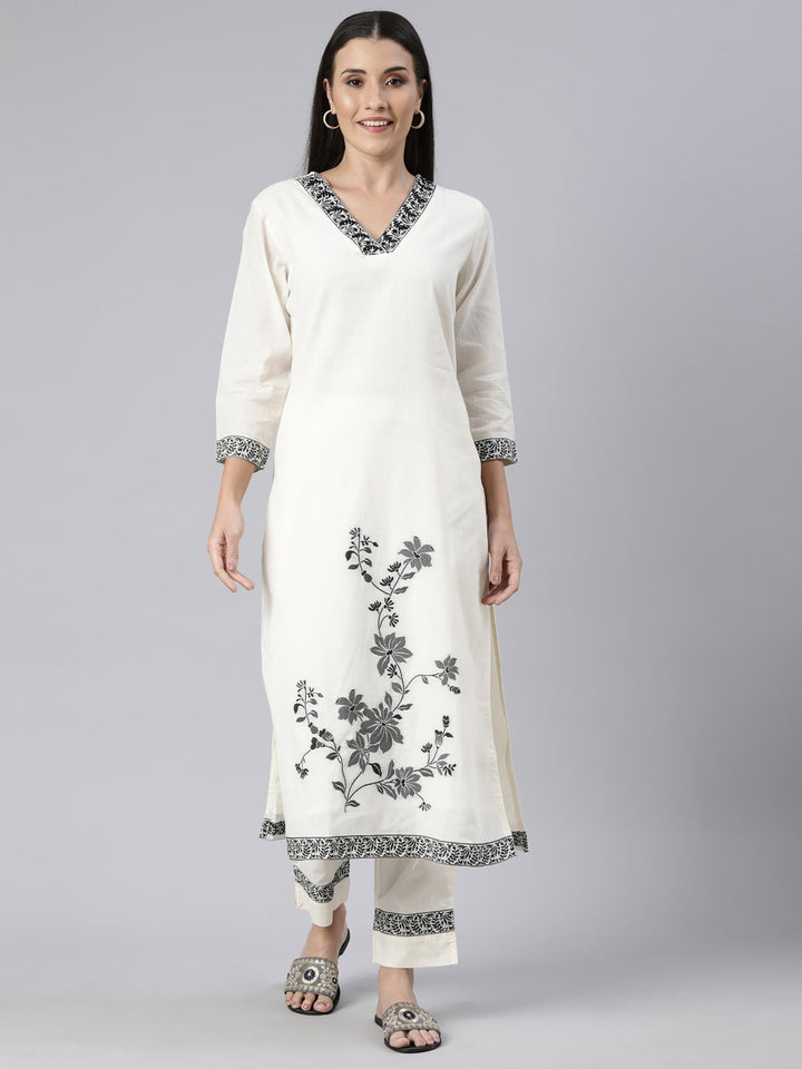 Neerus Beige Chanderi printed kurta set - front view