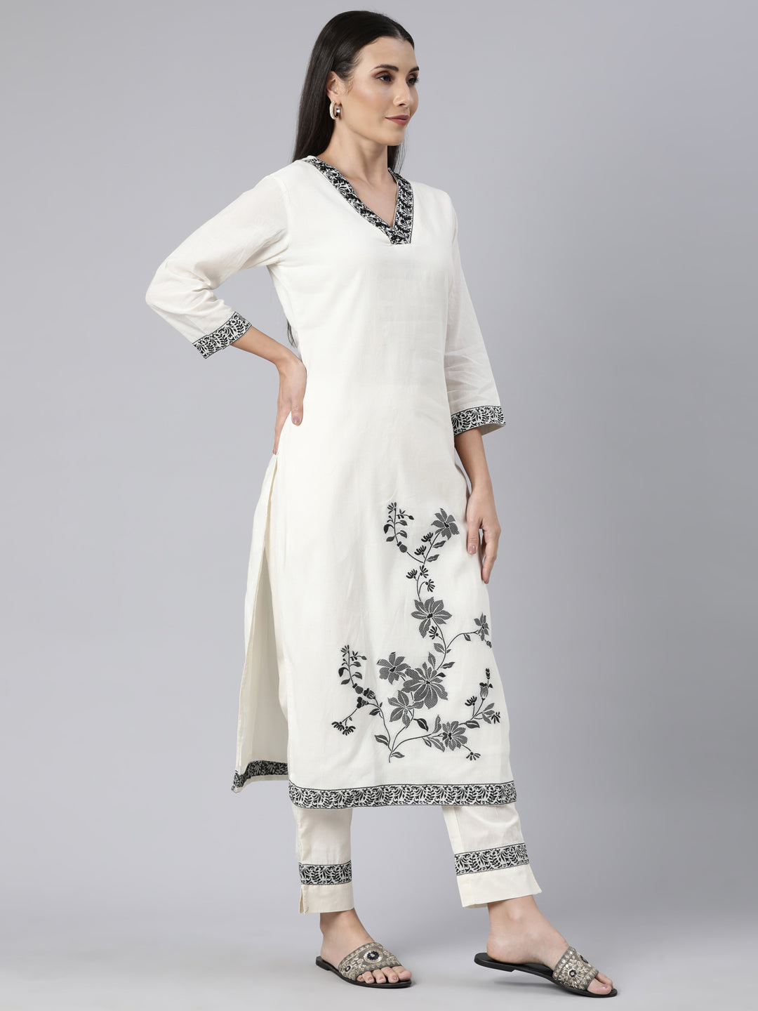 Neerus Beige Chanderi printed kurta set - back view