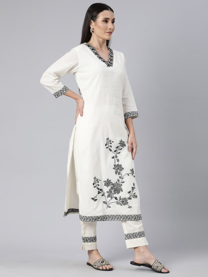 Neerus Beige Chanderi printed kurta set - back view