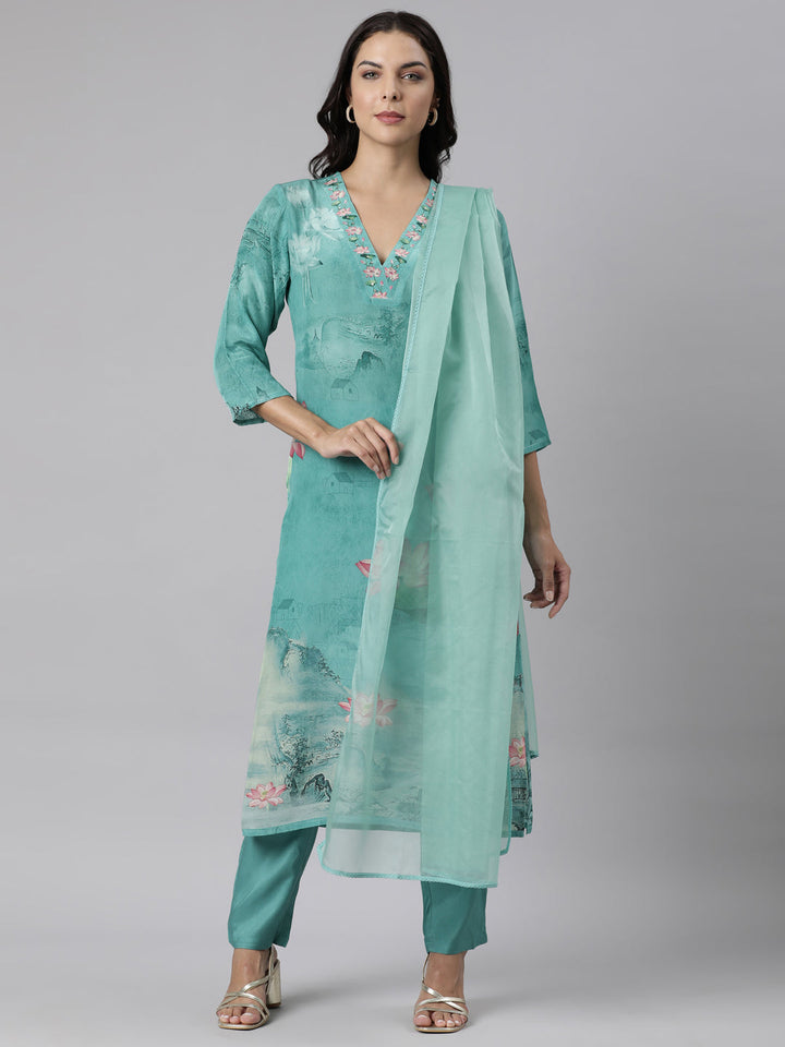 Neerus Green printed straight suit set panelled kurta with trouser and dupatta - front view