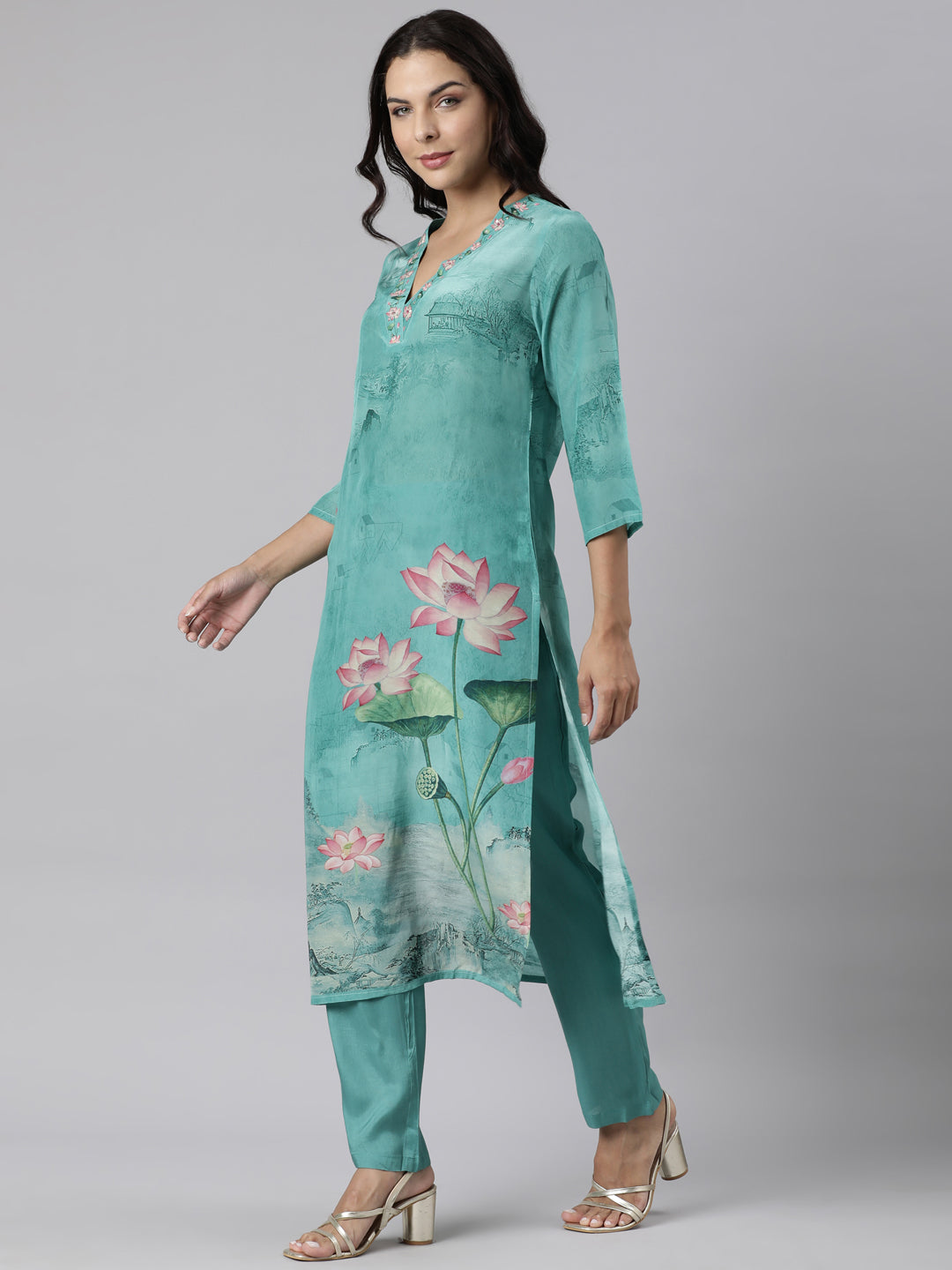 Neerus Green printed straight suit set panelled kurta with trouser and dupatta - back view