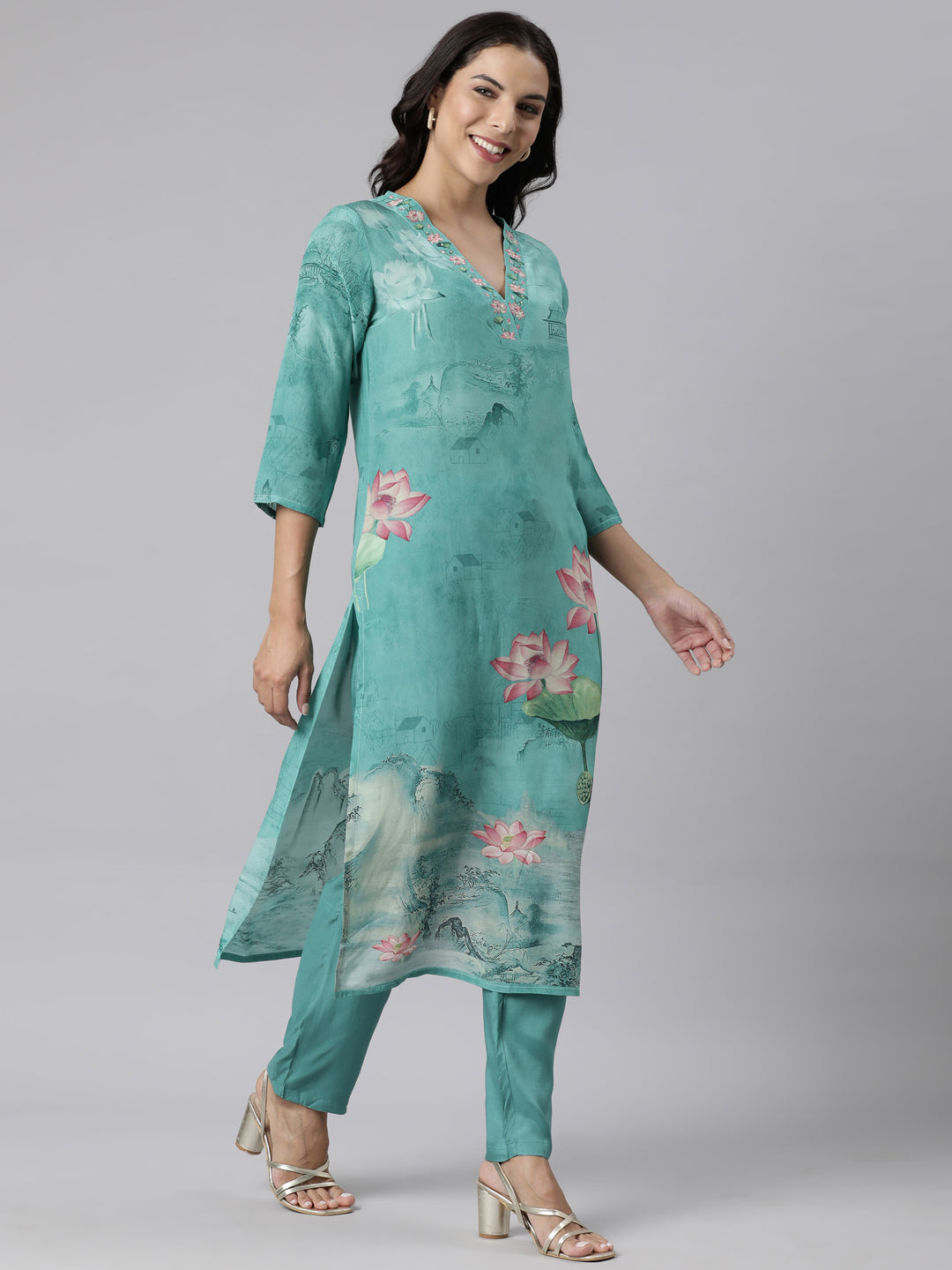 Neerus Green printed straight suit set panelled kurta with trouser and dupatta - side view