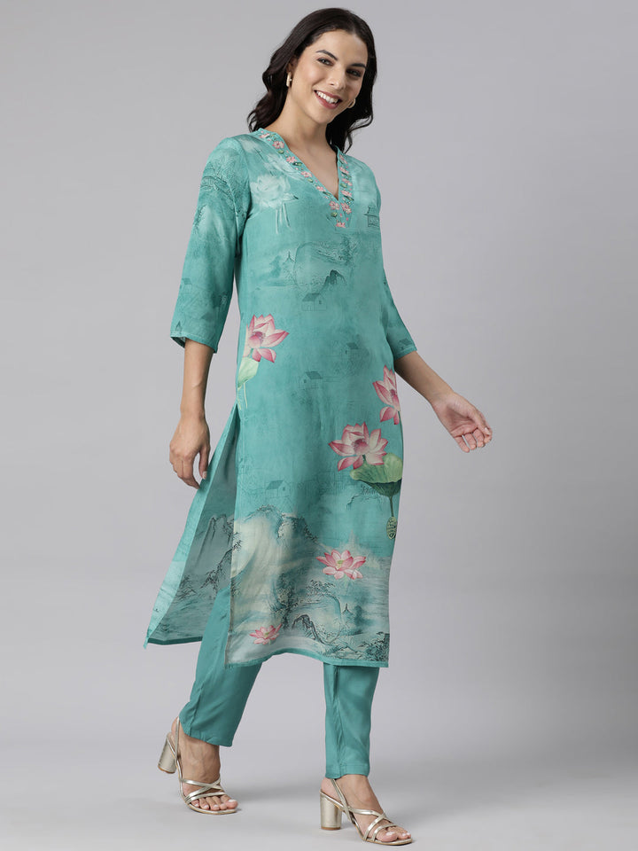 Neerus Green printed straight suit set panelled kurta with trouser and dupatta - side view