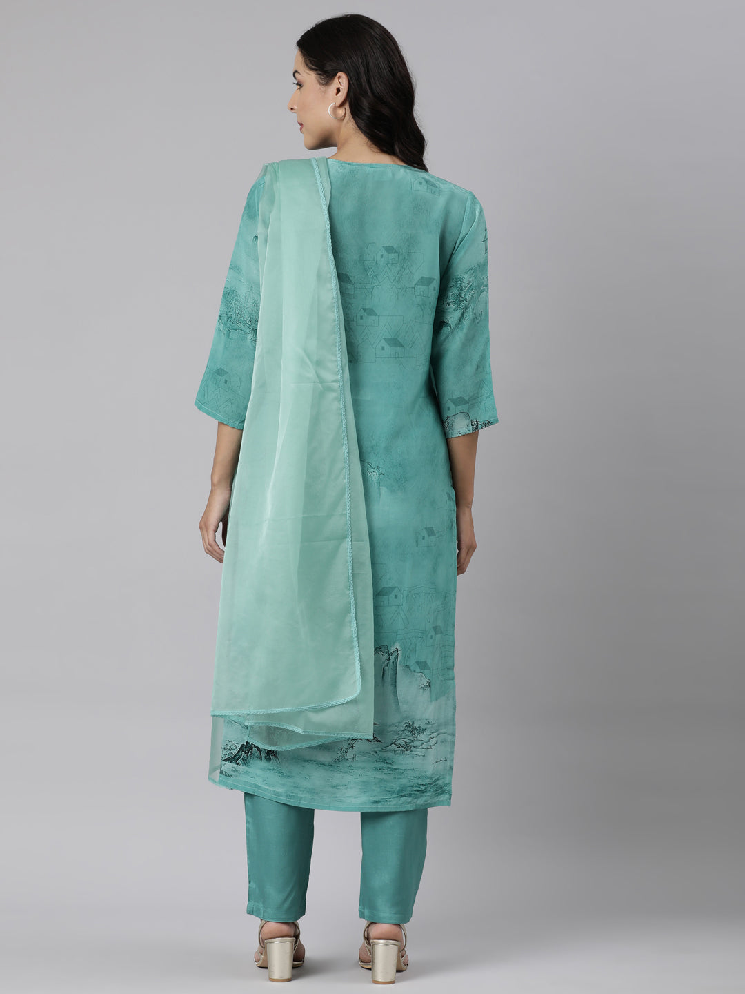 Neerus Green printed straight suit set panelled kurta with trouser and dupatta - detail view 1
