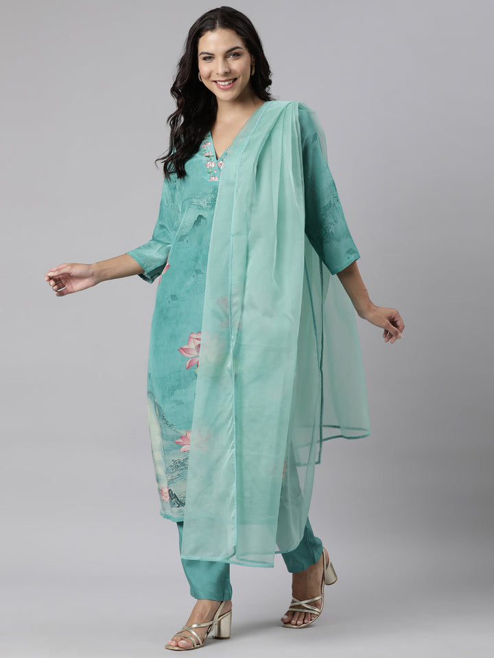 Neerus Green printed straight suit set panelled kurta with trouser and dupatta - detail view 3