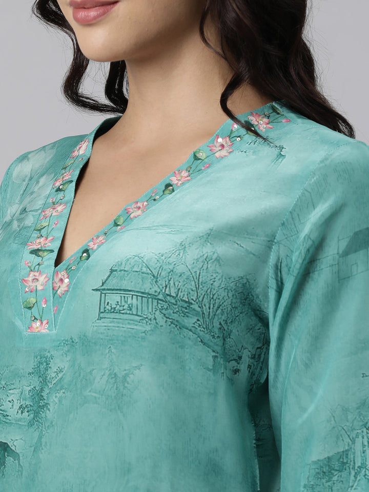 Neerus Green printed straight suit set panelled kurta with trouser and dupatta - detail view 2