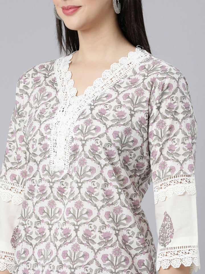 Neerus Purple printed straight suit set panelled kurta with trouser and dupatta - detail view 2