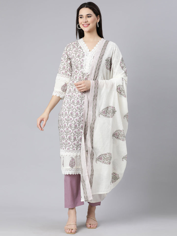 Neerus Purple printed straight suit set panelled kurta with trouser and dupatta - front view