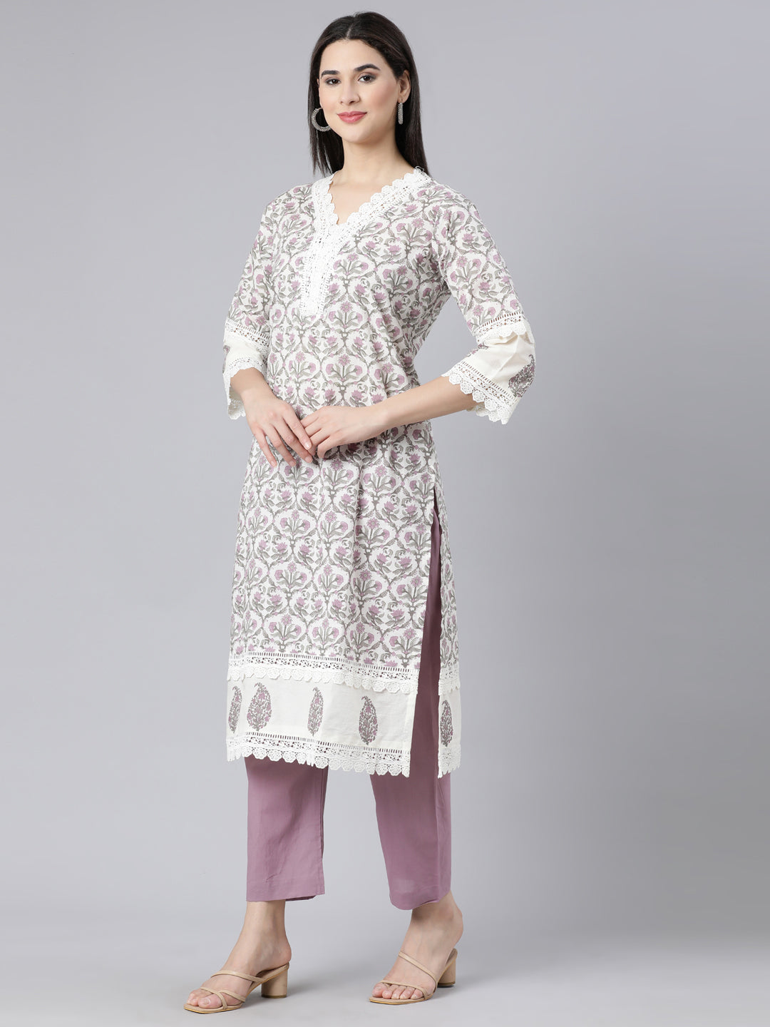 Neerus Purple printed straight suit set panelled kurta with trouser and dupatta - back view
