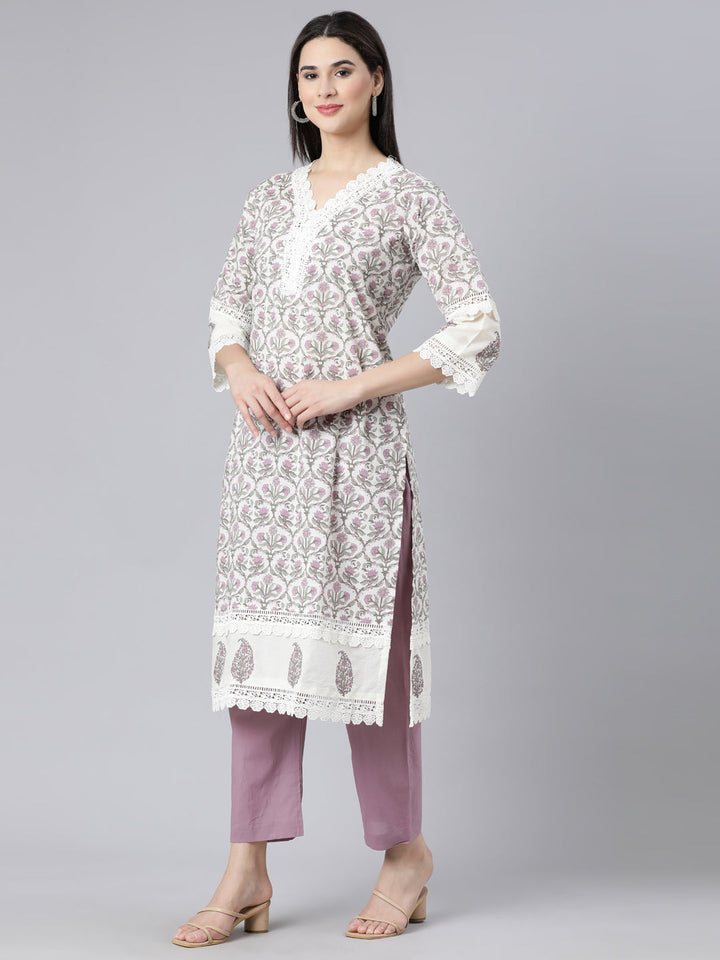 Neerus Purple printed straight suit set panelled kurta with trouser and dupatta - back view