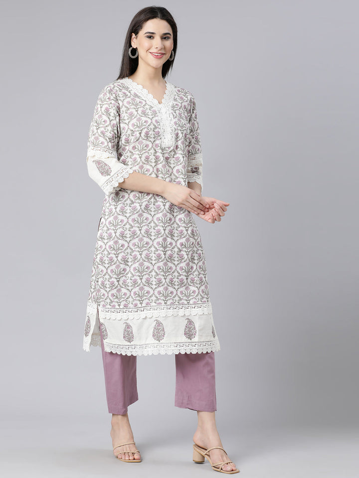 Neerus Purple printed straight suit set panelled kurta with trouser and dupatta - side view