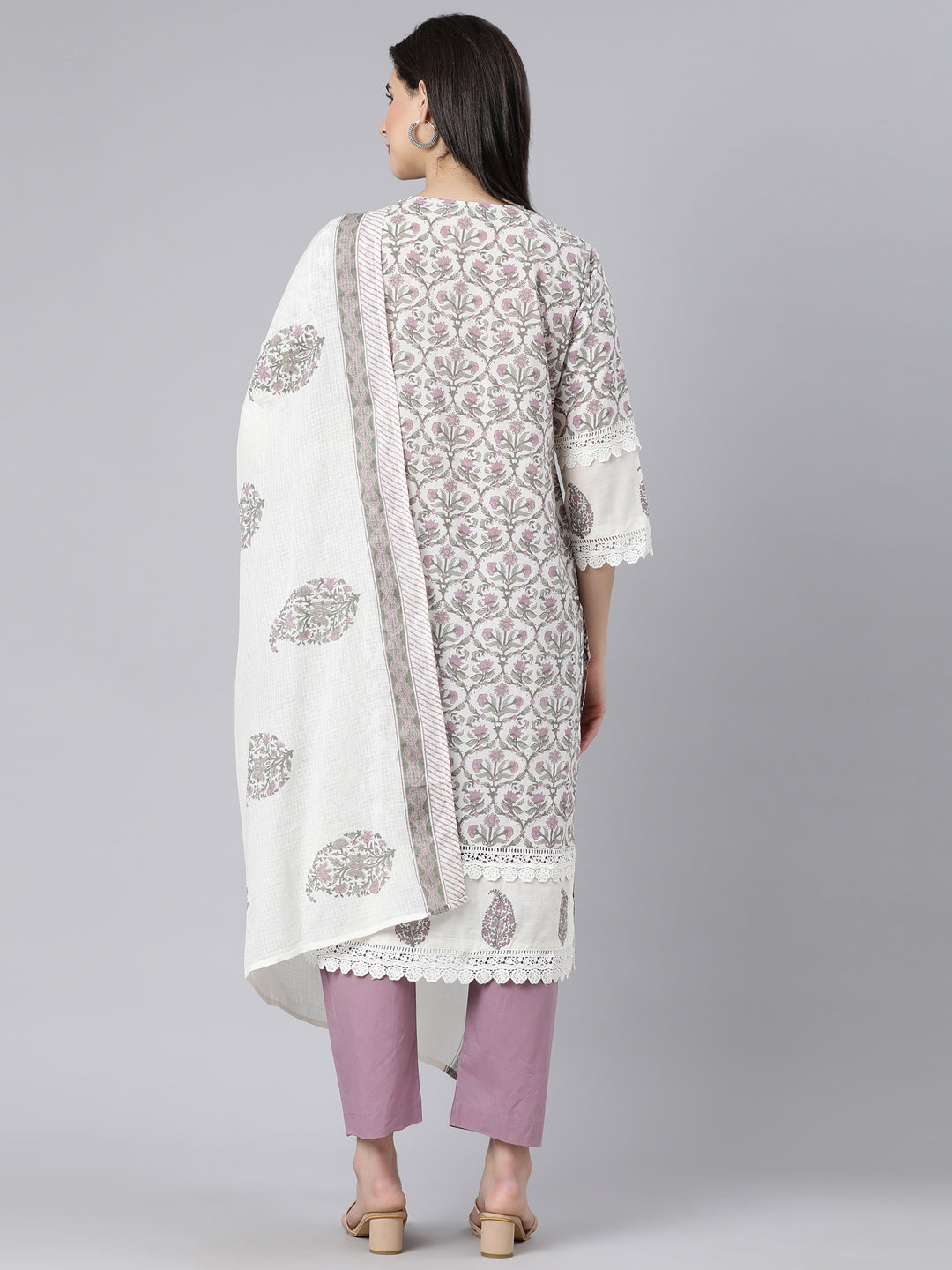 Neerus Purple printed straight suit set panelled kurta with trouser and dupatta - detail view 1