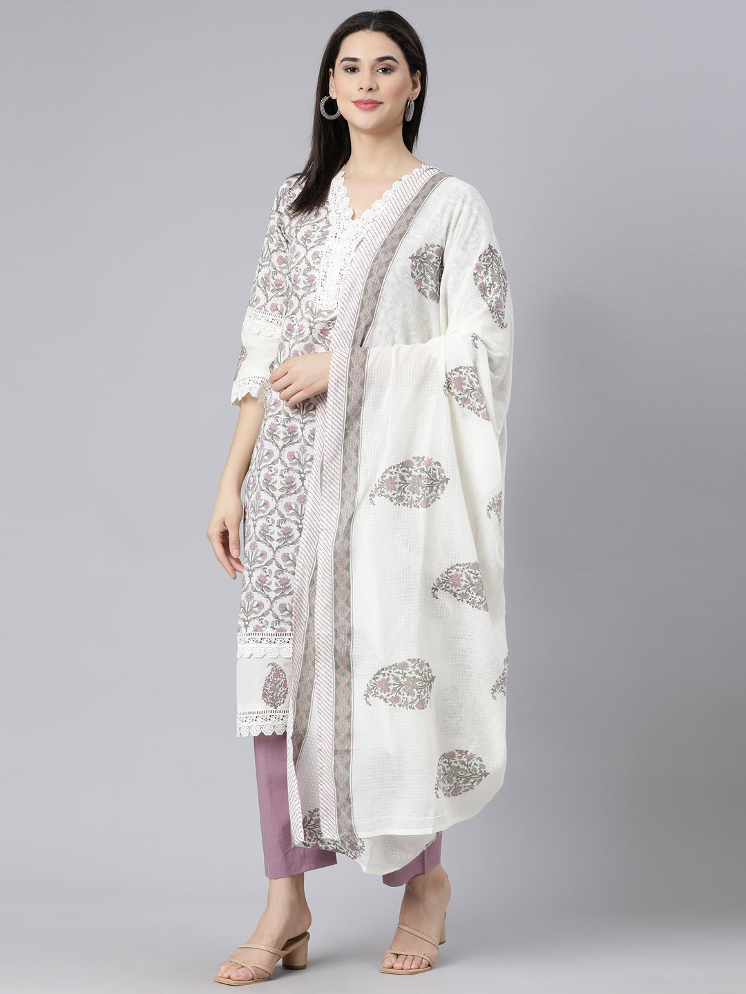 Neerus Purple printed straight suit set panelled kurta with trouser and dupatta - detail view 3