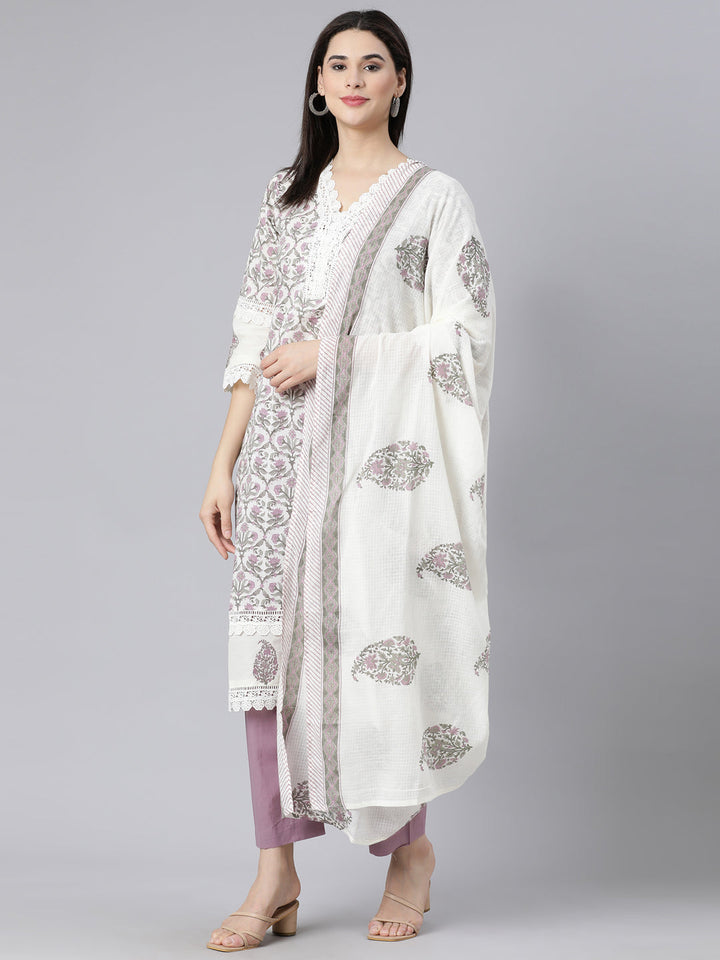 Neerus Purple printed straight suit set panelled kurta with trouser and dupatta - detail view 3