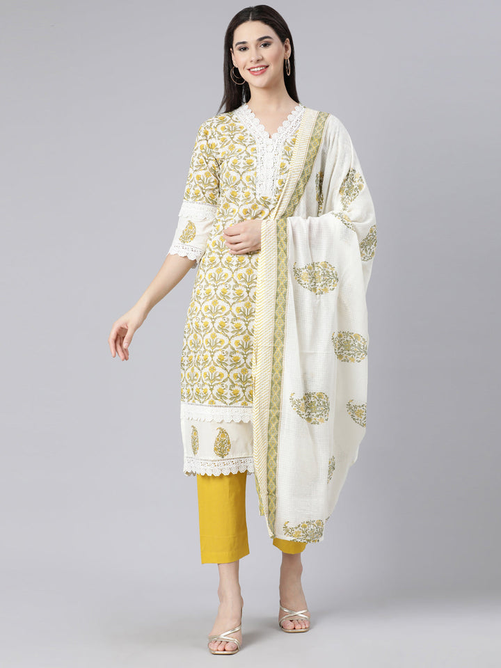 Neerus Yellow cotton printed suit set - front view