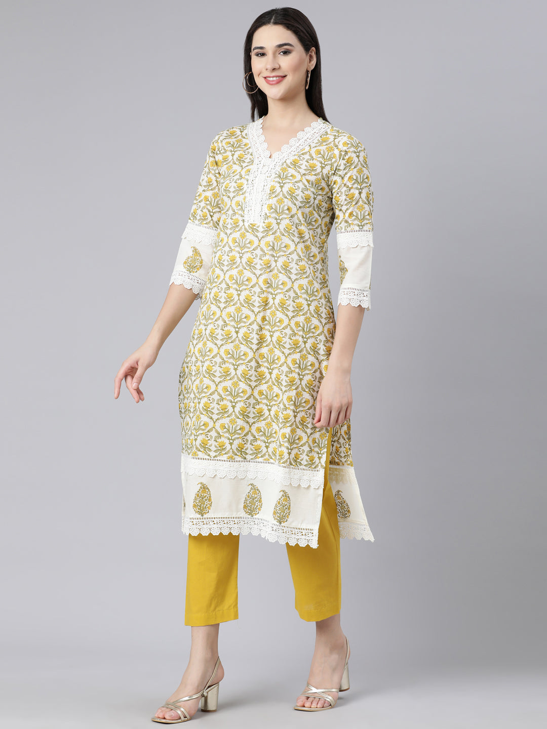 Neerus Yellow cotton printed suit set - back view