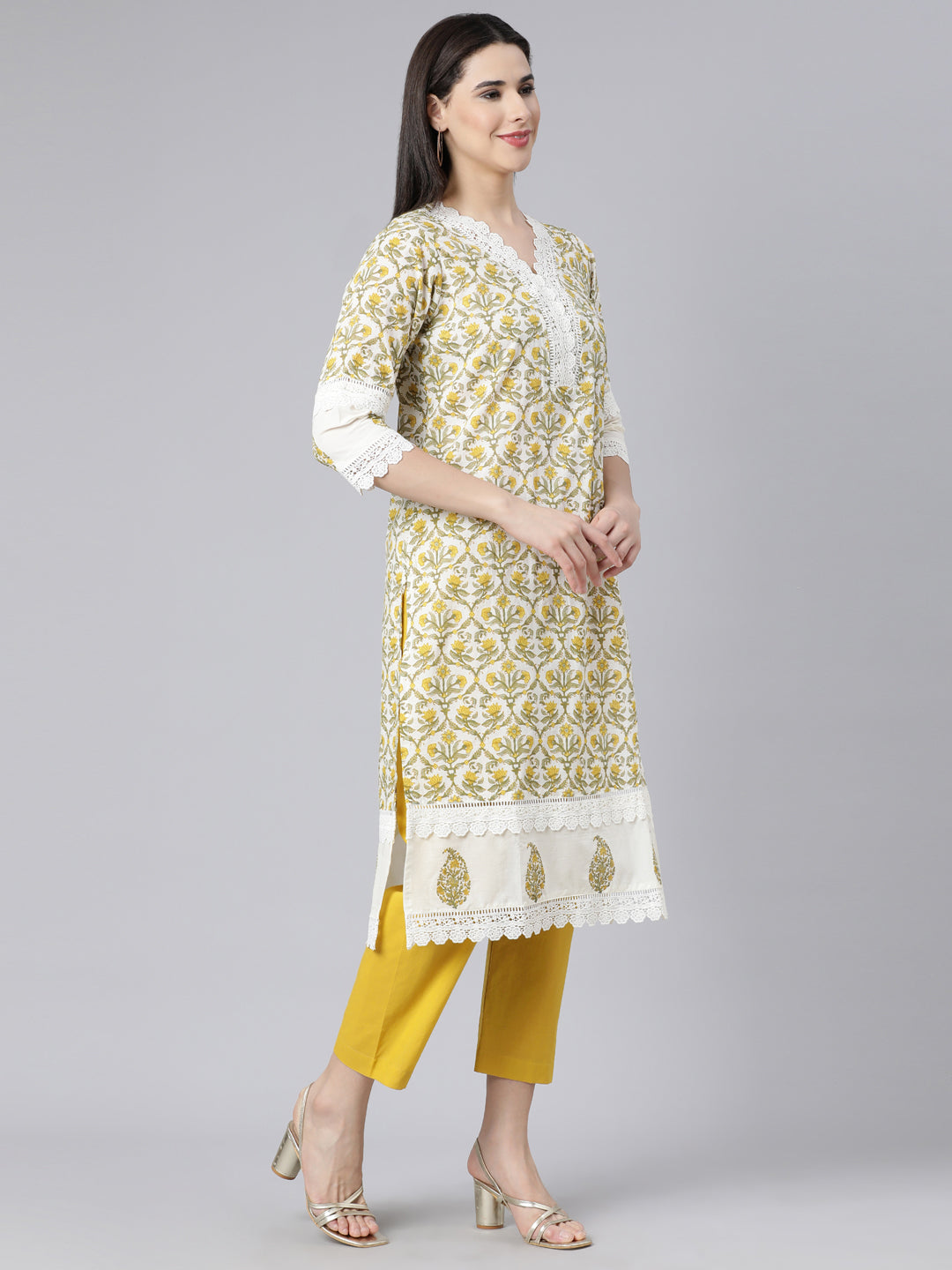 Neerus Yellow cotton printed suit set - side view