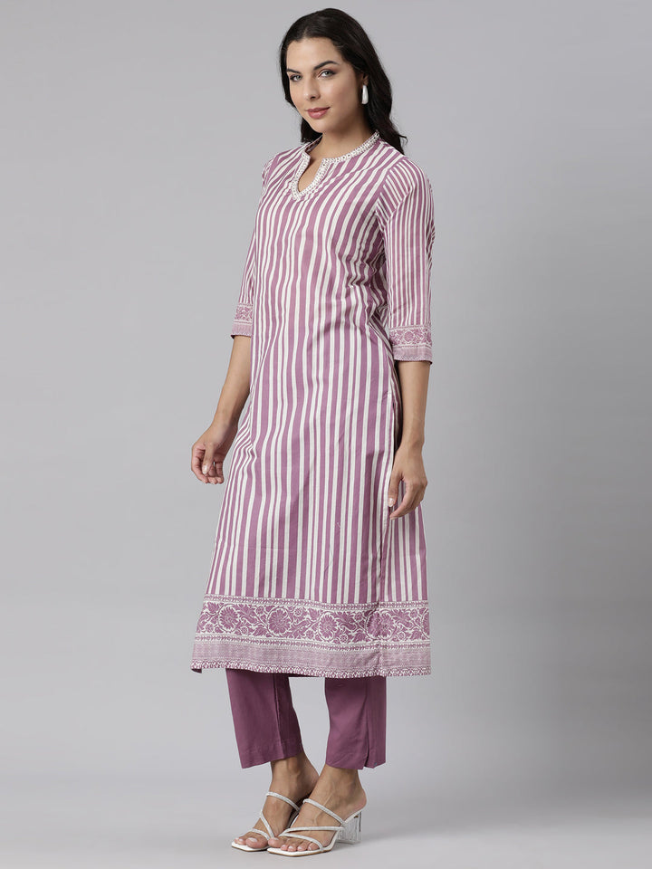 Neerus Lavender Panelled Straight Printed Kurta And Trousers With Dupatta
