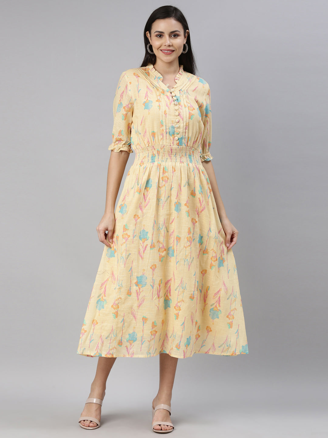 Neerus Yellow slub cotton straight kurta - front view