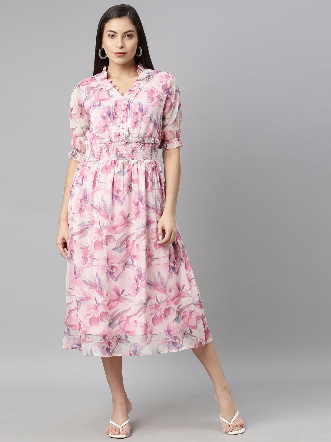 Neerus Pink chiffon straight kurta - front view