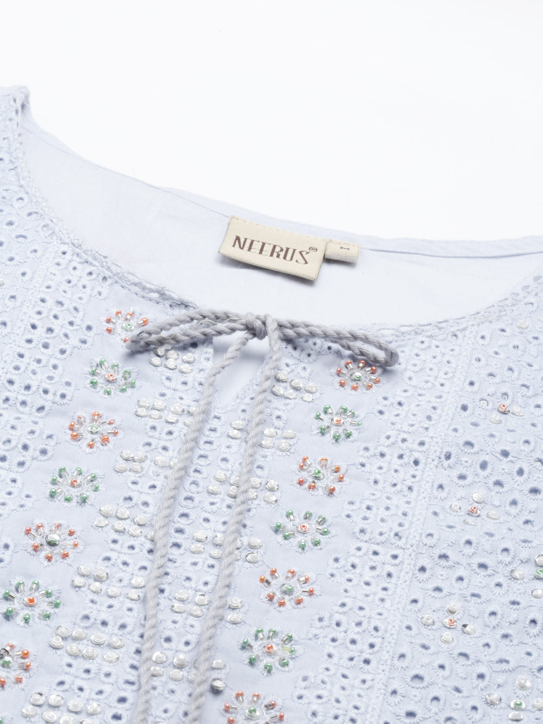 Neerus Grey cotton embellished kurti with geometric print - back view