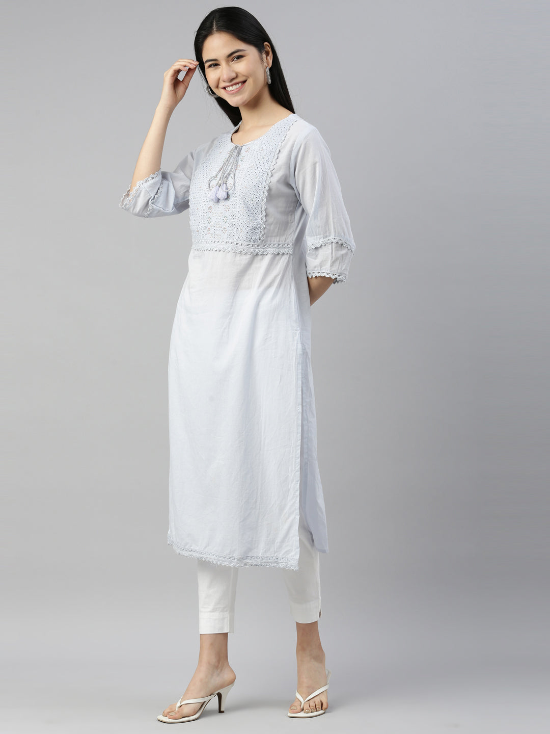 Neerus Grey cotton embellished kurti with geometric print - side view