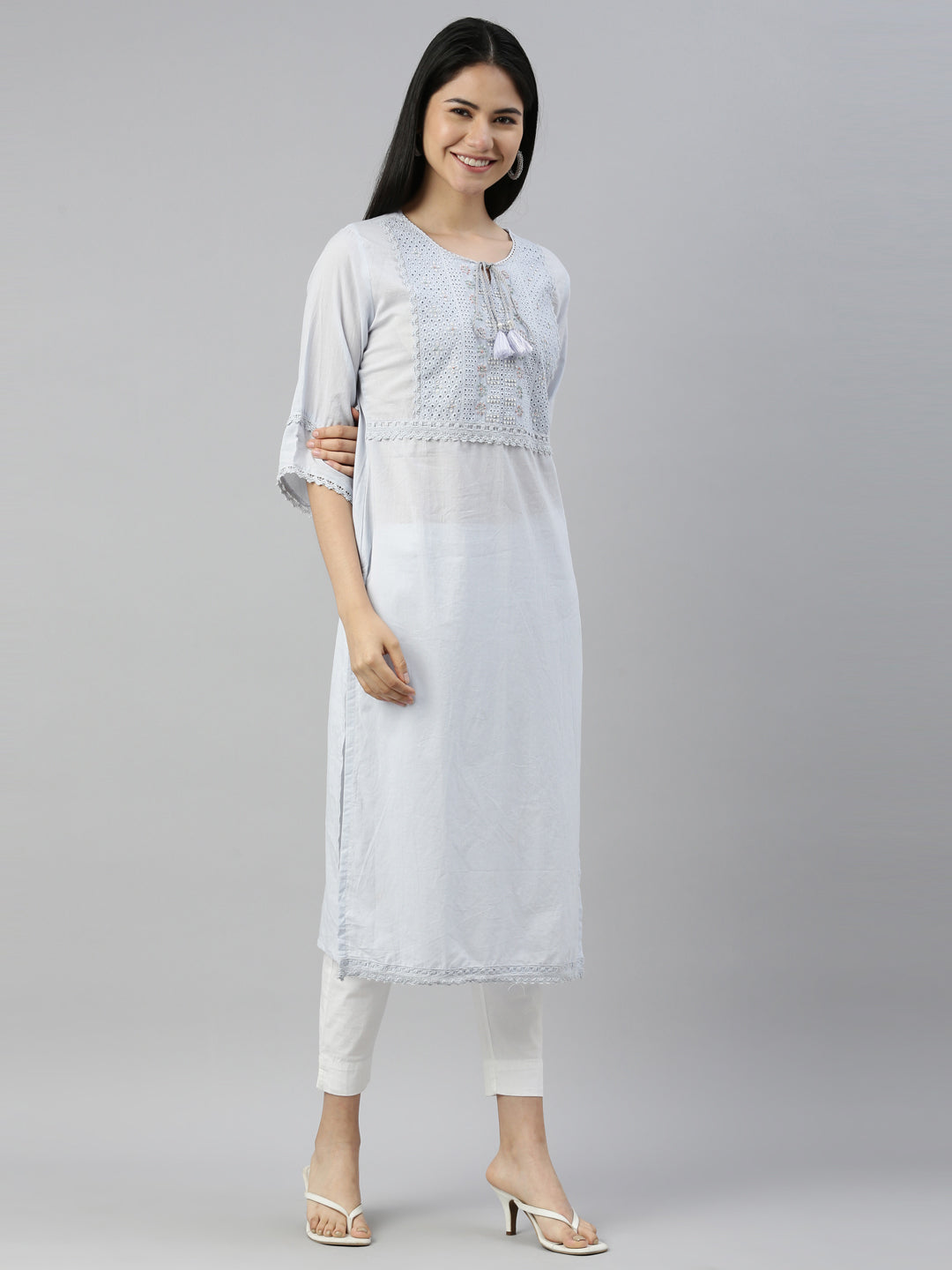 Neerus Grey cotton embellished kurti with geometric print - detail view 1