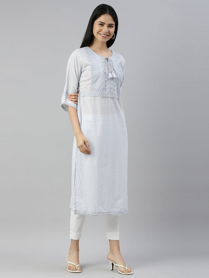 Neerus Grey cotton embellished kurti with geometric print - detail view 1
