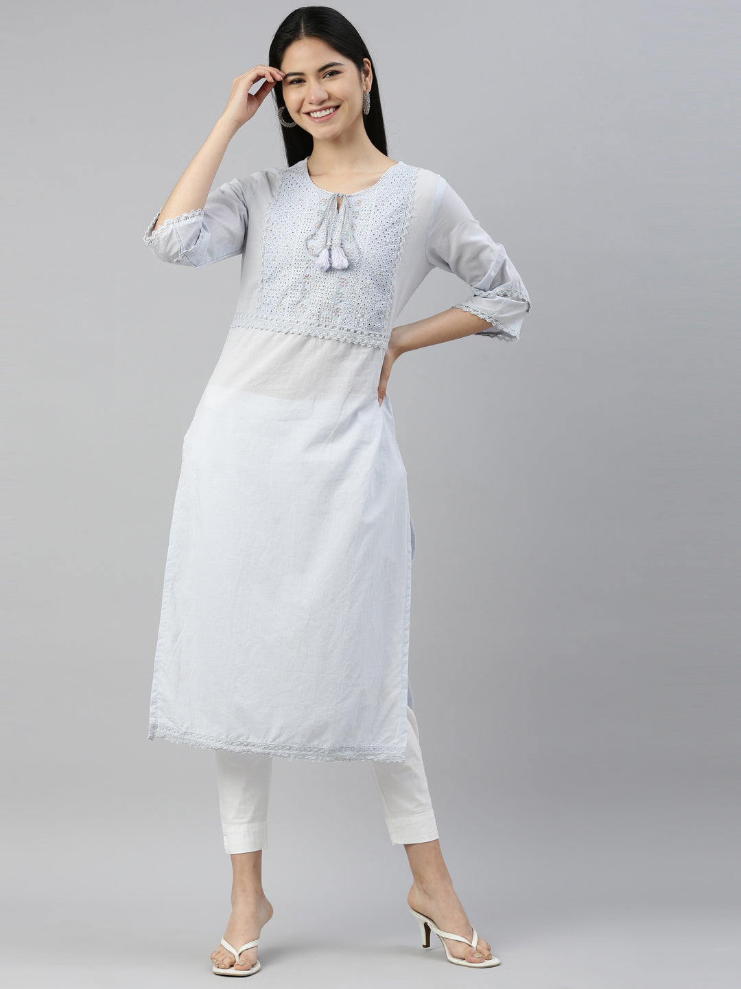 Neerus Grey cotton embellished kurti with geometric print - detail view 3