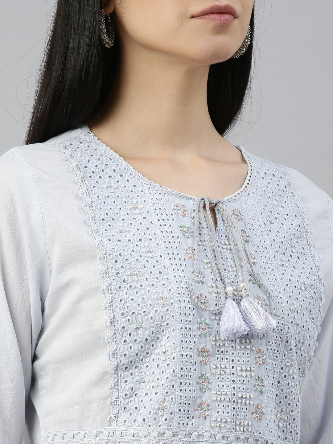 Neerus Grey cotton embellished kurti with geometric print - detail view 5