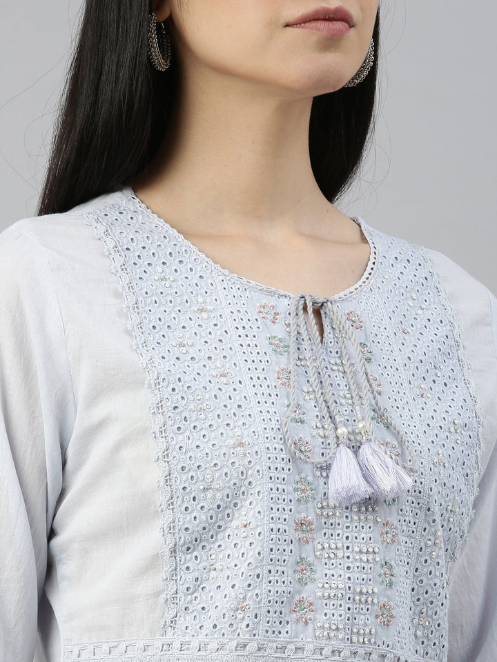 Neerus Grey cotton embellished kurti with geometric print - detail view 5