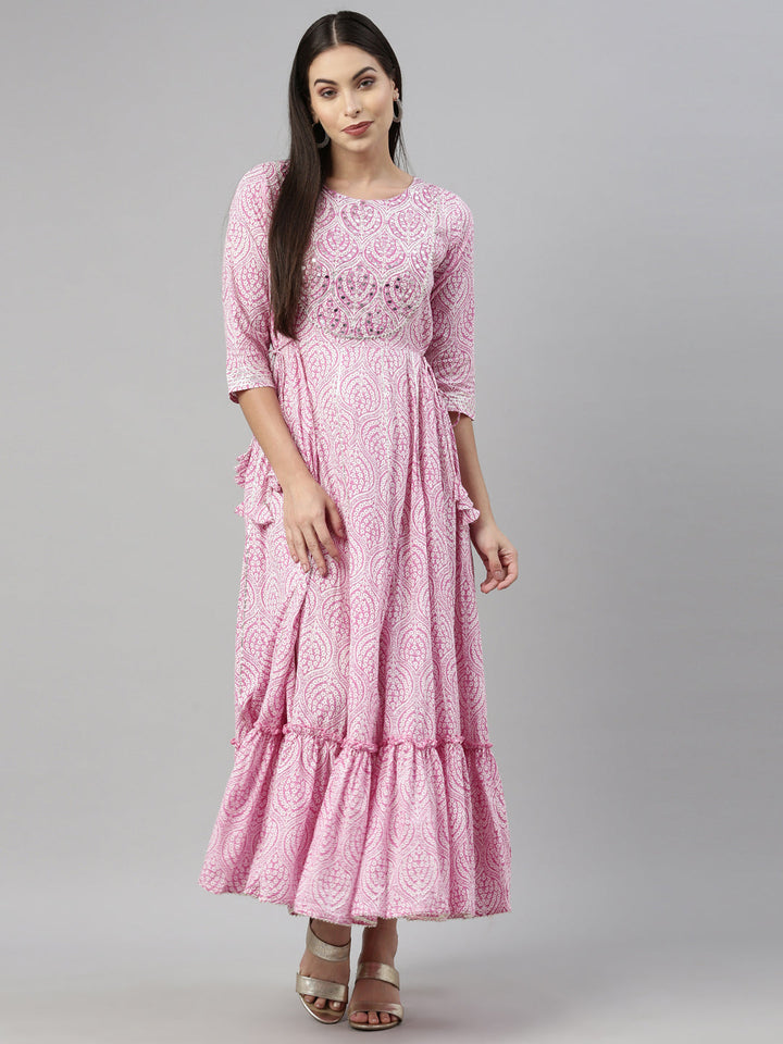 Neerus Pink cotton solid kurti - front view