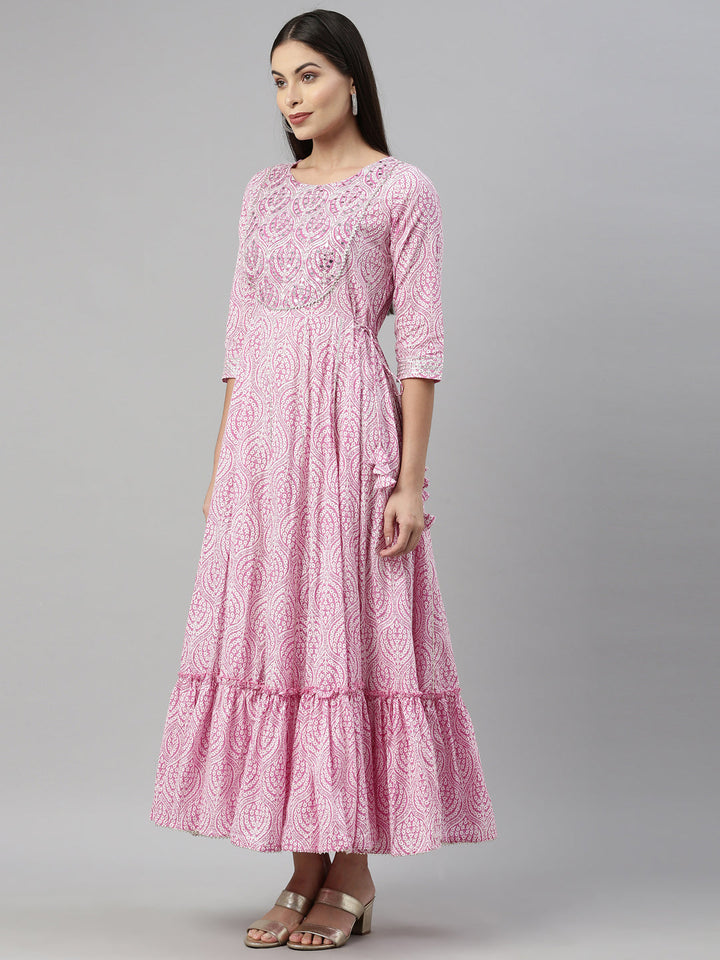 Neerus Pink cotton solid kurti - side view