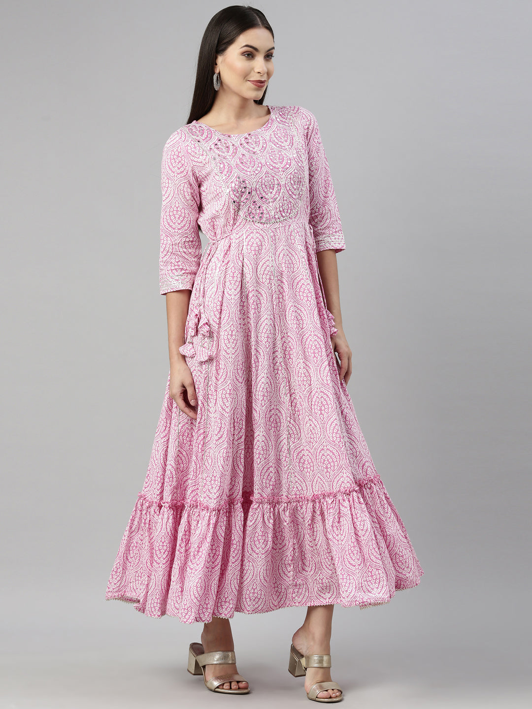 Neerus Pink cotton solid kurti - detail view 1
