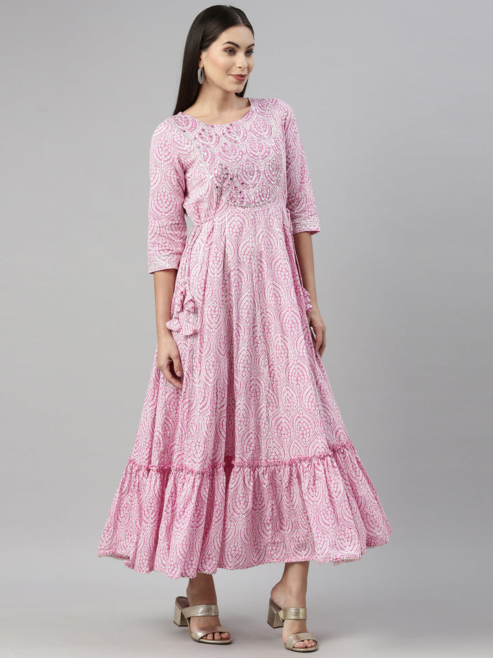 Neerus Pink cotton solid kurti - detail view 1