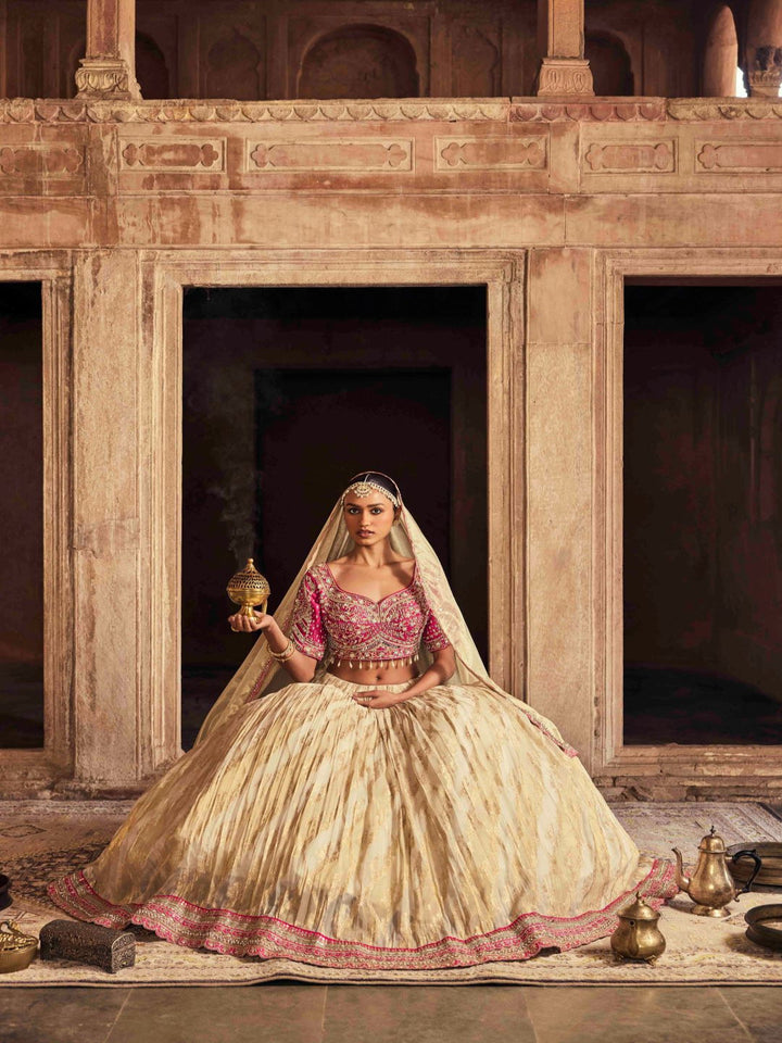 Neerus Pink tissue embroidered lehenga set - front view