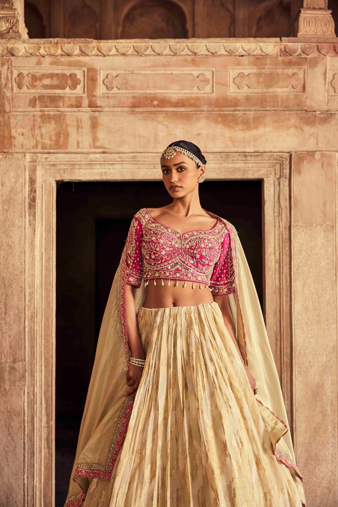 Neerus Pink tissue embroidered lehenga set - back view