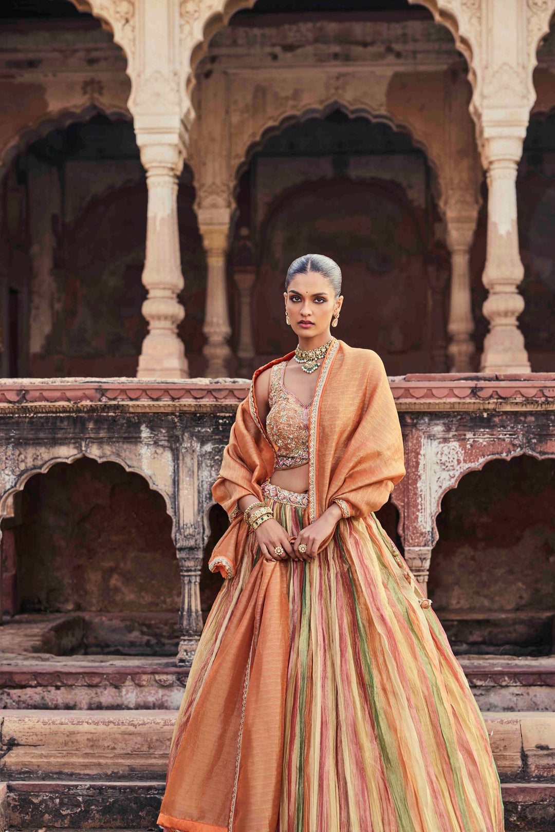 Neerus Multi tissue embroidered lehenga set - back view