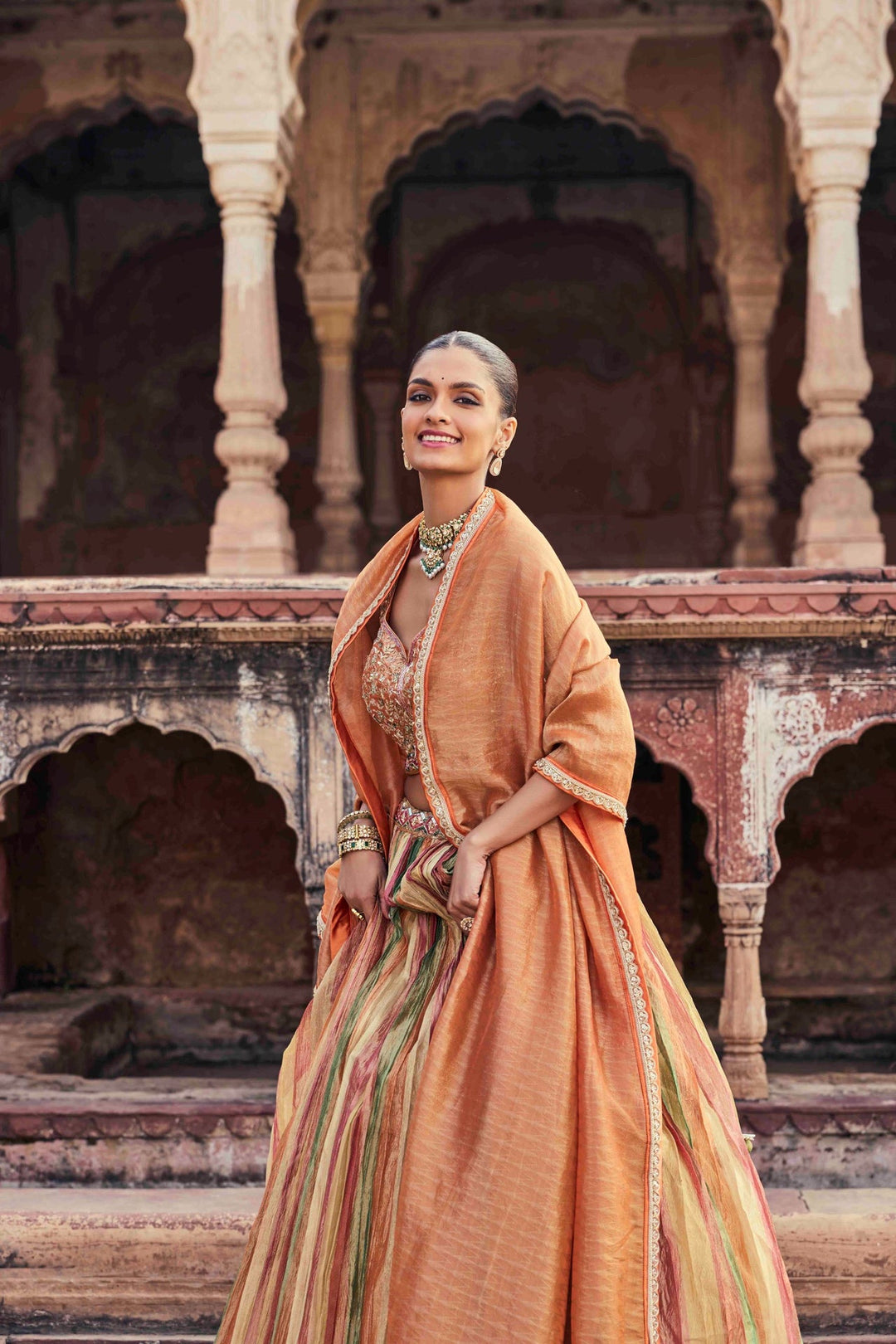 Neerus Multi tissue embroidered lehenga set - side view