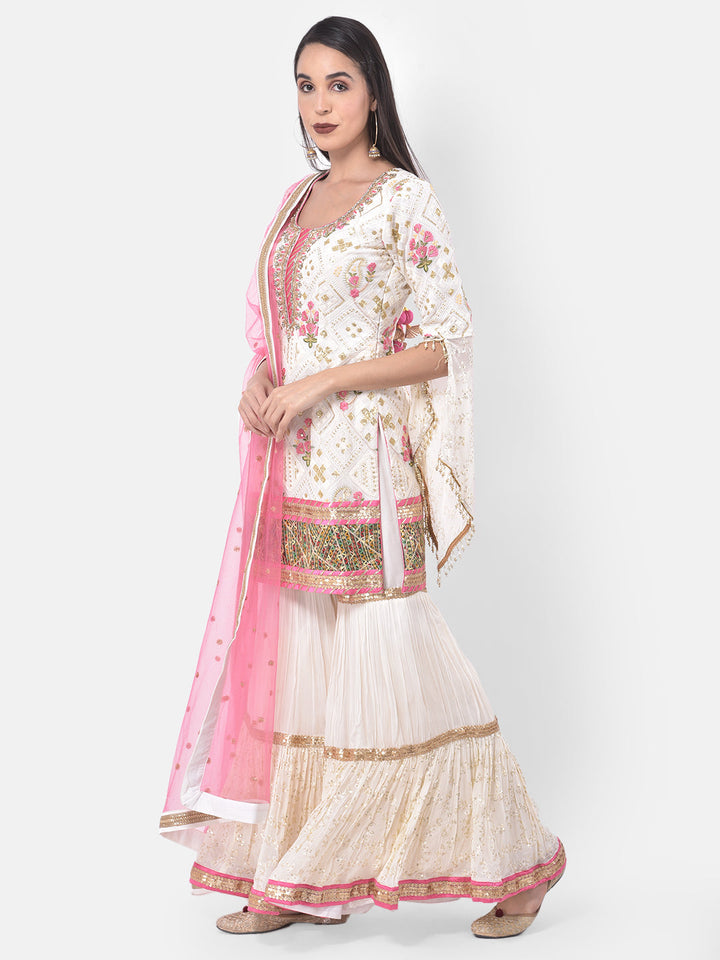 Neerus White Georgette Embroidered Sharara Set - side view