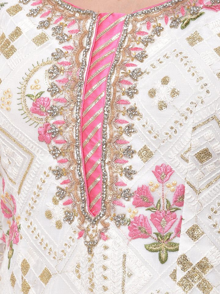 Neerus White Georgette Embroidered Sharara Set - detail view 2